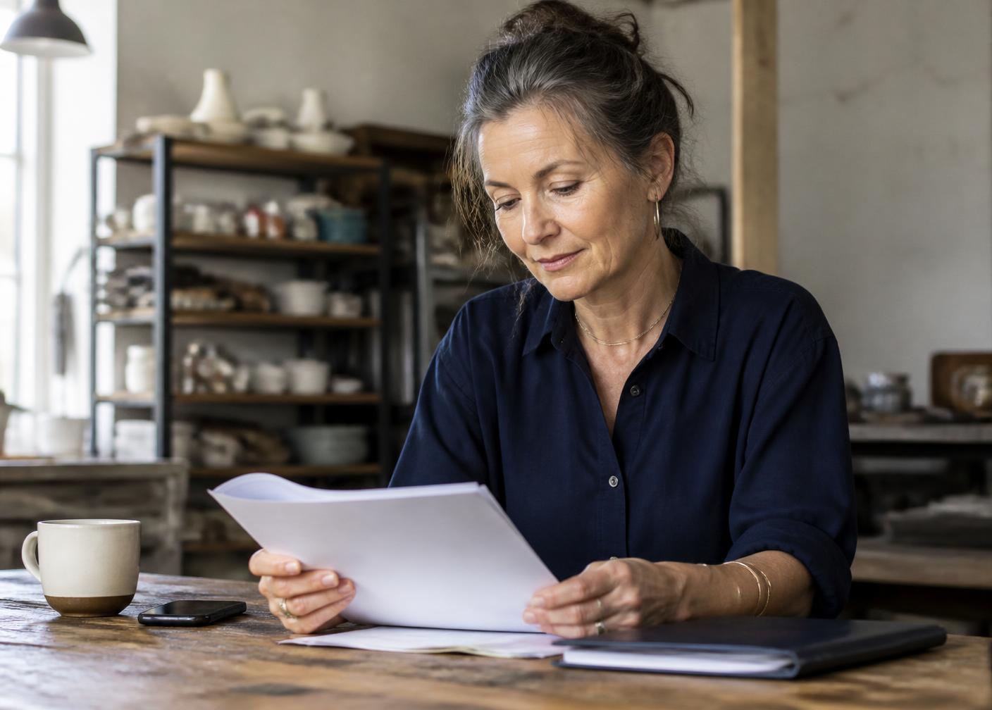 Business owner reviewing ownership documents at her workshop table